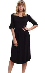 BY61652-2 Black Ruffle Sleeve Midi Jersey Dress